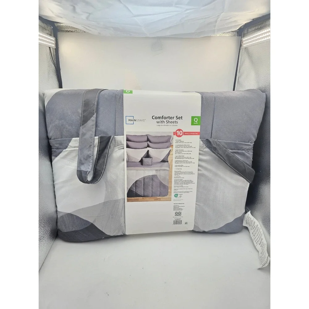 Mainstays Queen Comforter Set 10 Piece Grey White Geometric Sheets Pillow Set